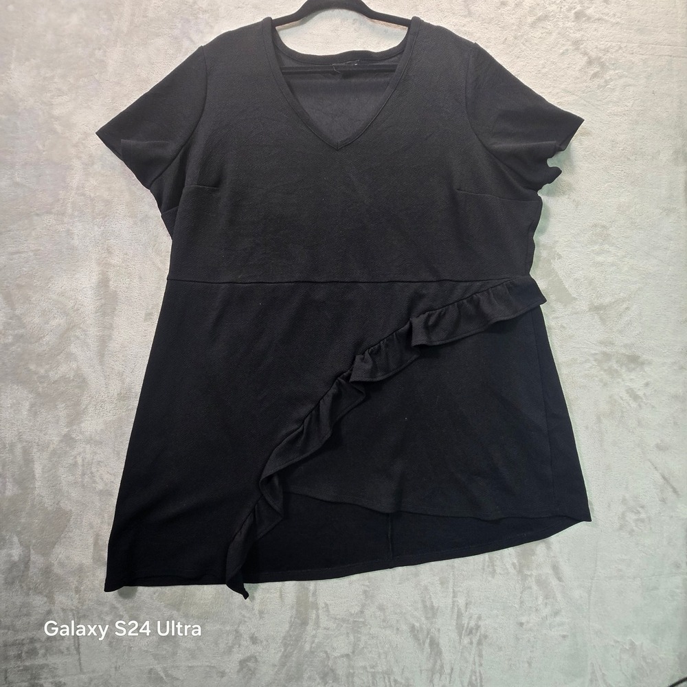 Lane Bryant Black Ruffle Asymmetrical Hem V-Neck Top Plus Size 22/24 Crepe